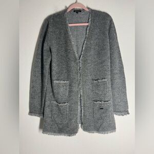 Léo Guy Sleeve Fringe Knit Cardigan Sweater Lurex Grey Made in France L NWOT